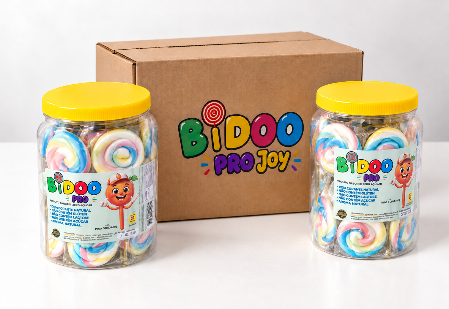 Simulação de dois potes Bidoo Pro com a caixa de embarque Bidoo Pro Joy ao fundo