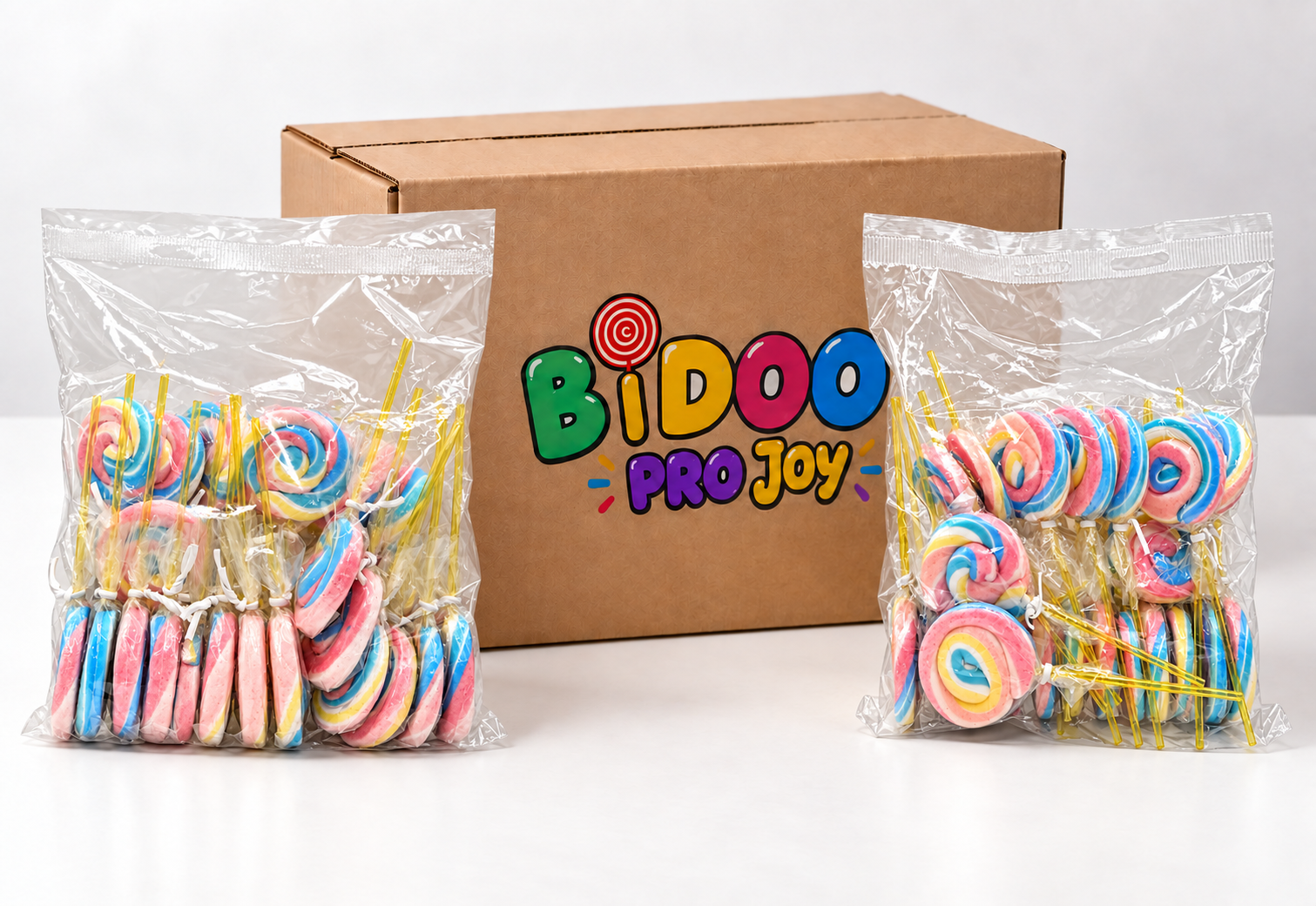 Simulação de dois pacotes refill Bidoo Pro Joy ao lado da caixa de embarque com logo